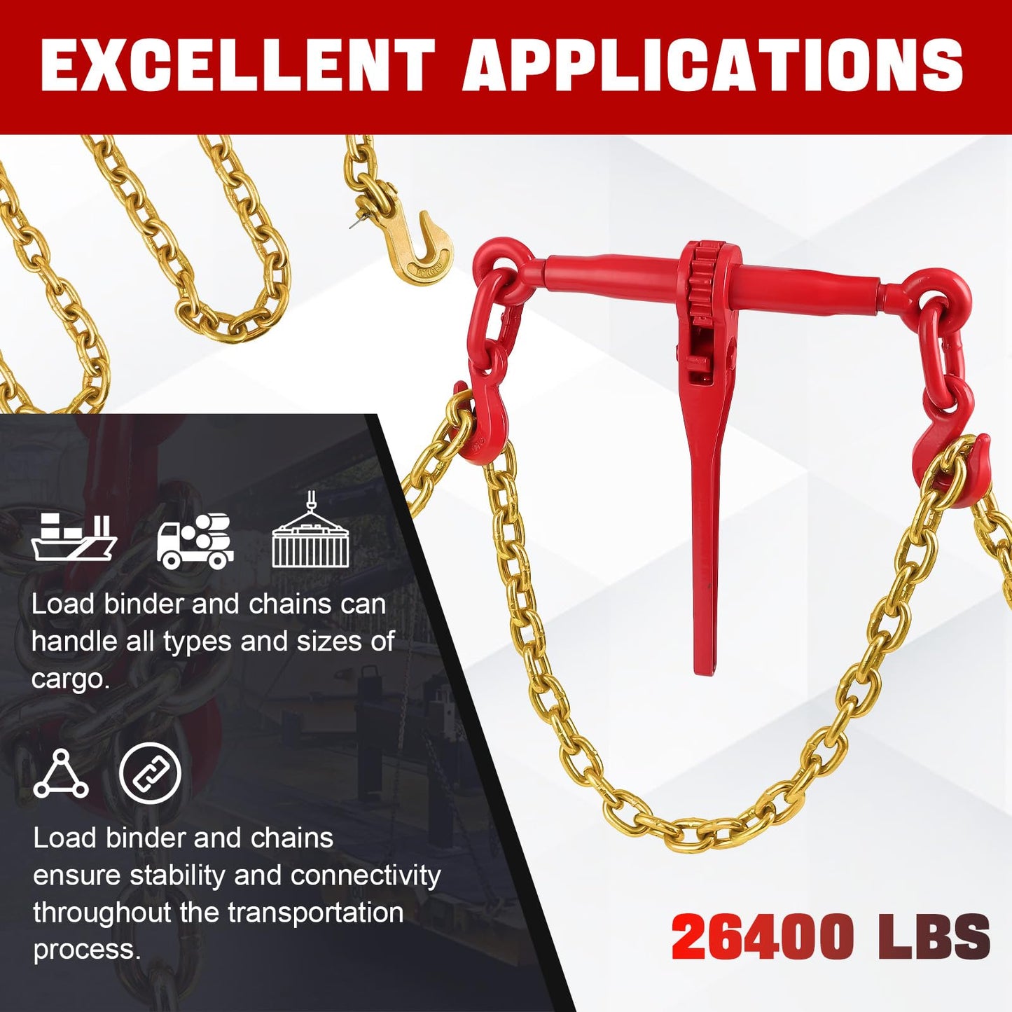 2 Pcs 5/16'' to 3/8'' Chain and Binder Kit, Ratchet Load Binder with Work Load Limit 9200 LBS, 5/16''x10 FT Grade 70 Chain with Working Load Limit 6600 LBS for Heavy Duty Cargo Flatbed Trailers