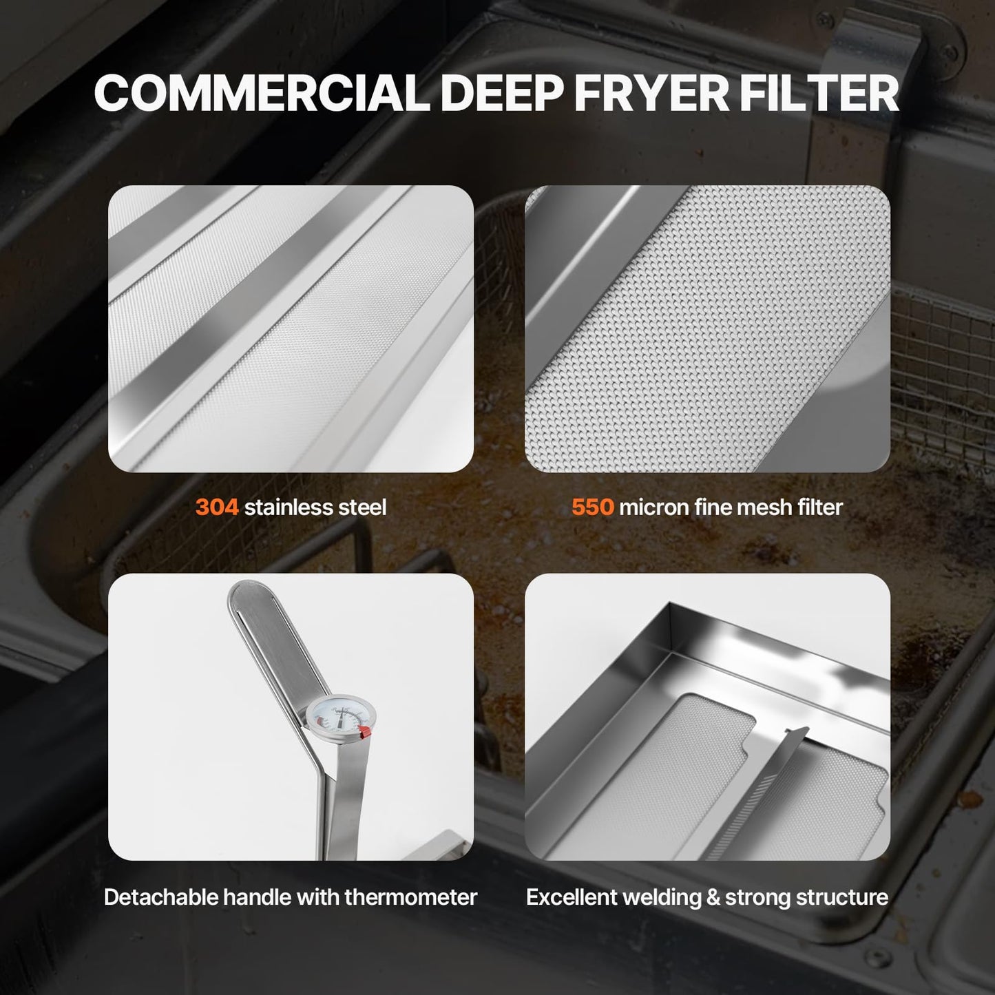 KodMtiz Commercial TK45 Deep Fryer Filter, 13.5" x 13.5" 304 Stainless Steel Filter Screen with Thermometer, Extend Oil Life by 40%, 550 Micron Skimmer Fryer Strainer for Kitchens & Restaurants