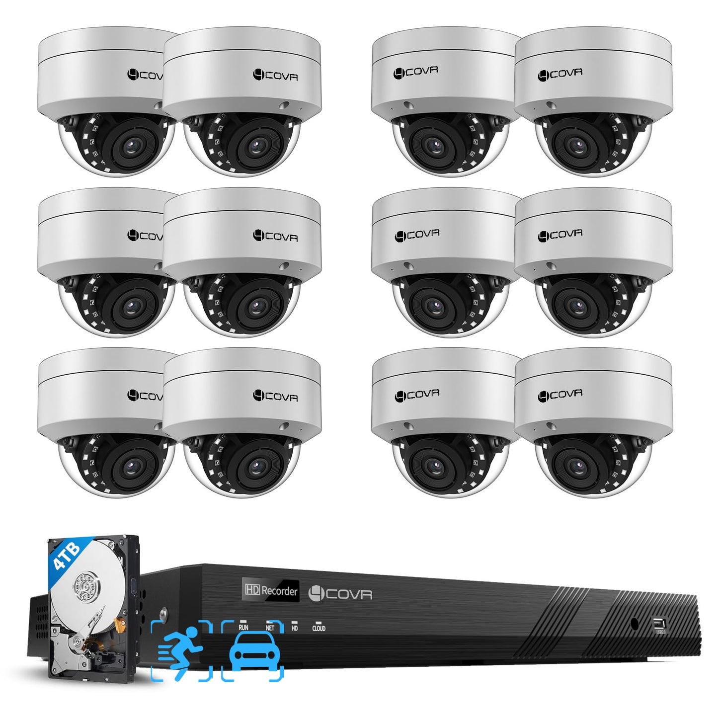 4COVR 16 Channel PoE Security Camera System AI Human/Vehicle Detection, 12Pcs IK10 Vandal-Proof 5MP Wired Commercial Dome IP Camera IP67, 16CH 4K NVR 4TB, Business Surveillance Outdoor, LY54AX5M1612