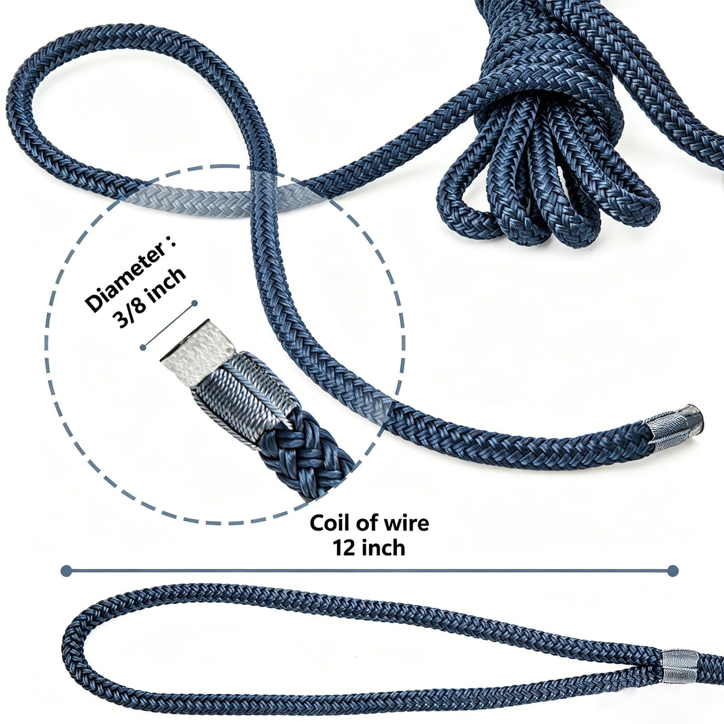 PropelTech 4 Pack 3/8" x 15’ Boat Dock Lines for Boat & Pontoon, Premium Marine- Grade Double Braided Nylon Dock Line, Pre-Spliced with a 12" Eyelet-Navy Blue,Boating Gifts for Men
