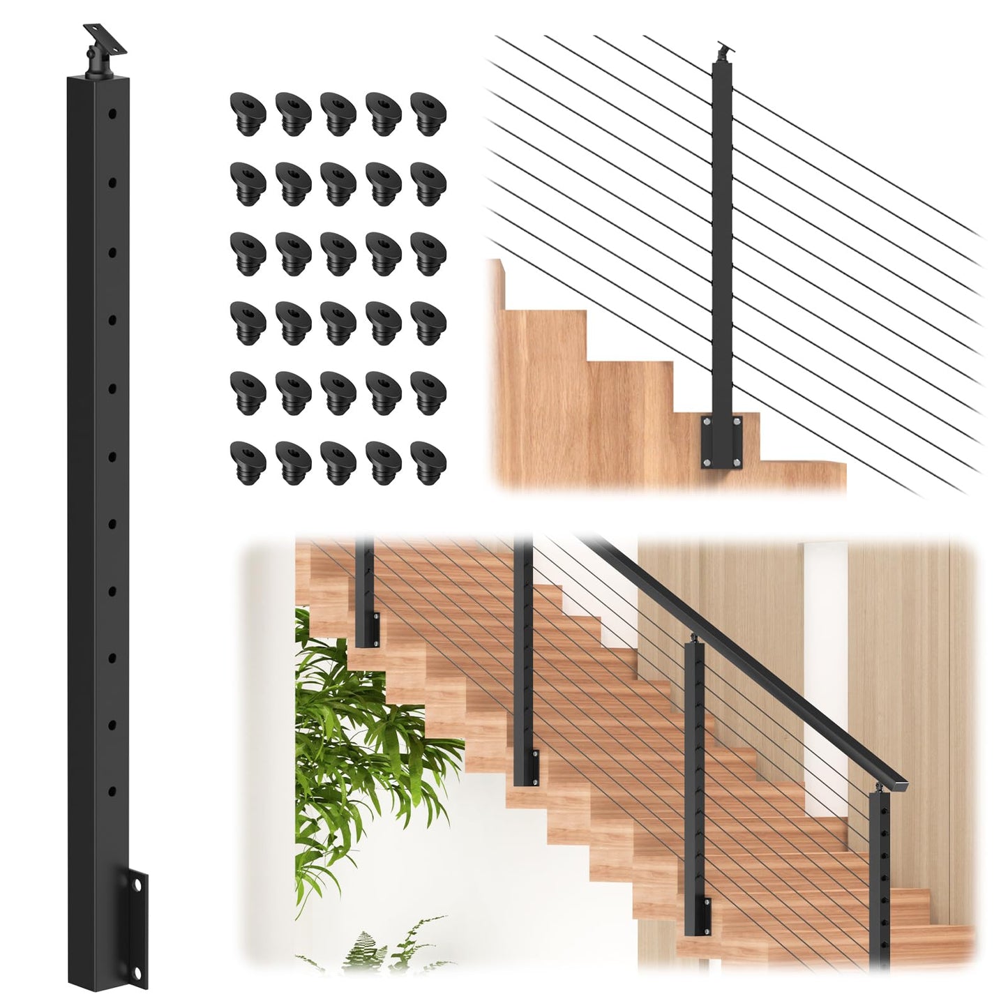 CKE Black Side Mount Stair Cable Railing Post 36 Inch (Post 44"x2"x2") for 25-35 Degrees Stair Railing, Left Side Space-Saving Stainless Steel Cable Railing System Kit Stair Post Indoor Outdoor SP03