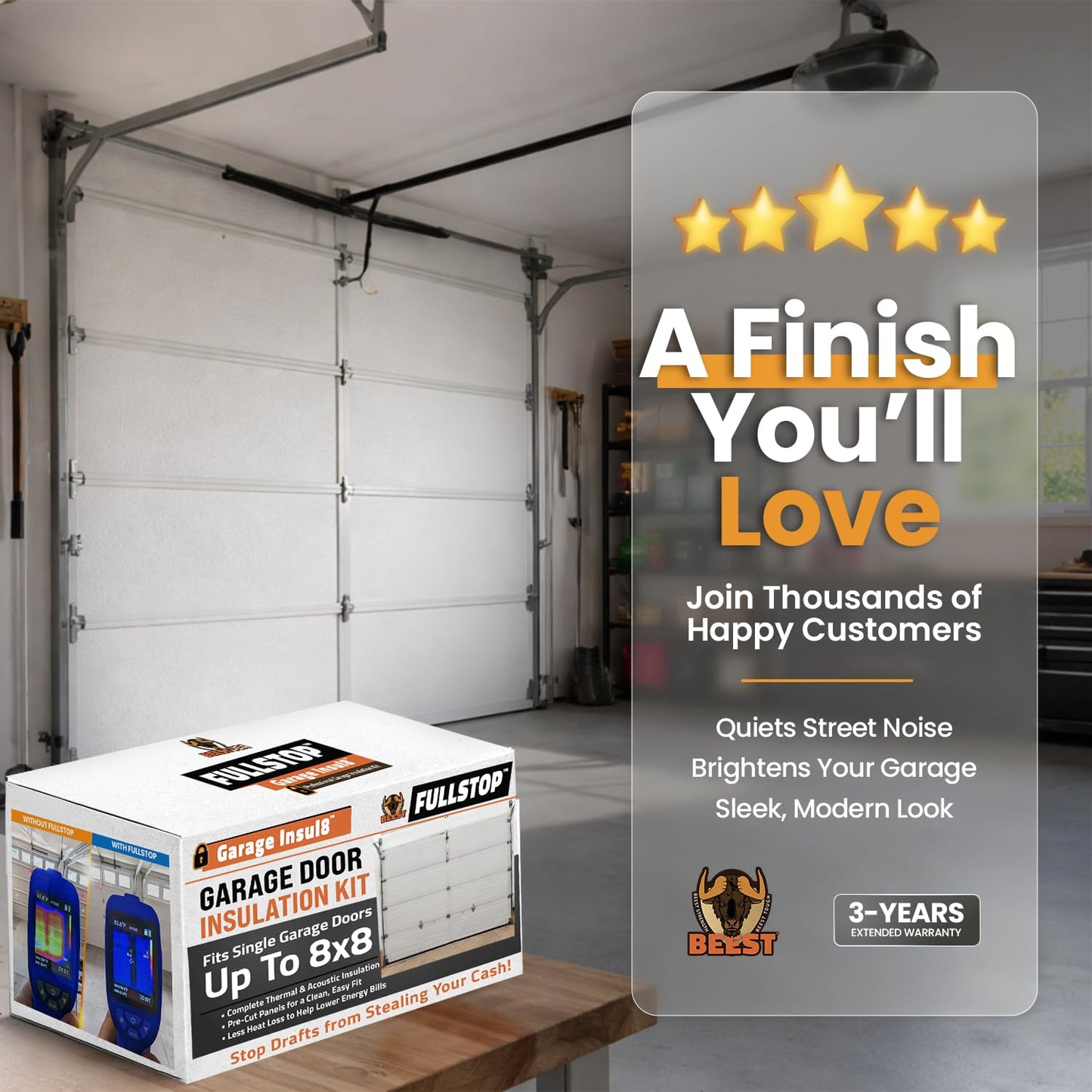 BEEST FULLSTOP Garage Door Insulation Kit - 8x8 & 8x7 ft Single Garage Door Insulation Panels - 8 Pre-Cut 24x48 Foam-Core Panels w/ Tape, Cutter & Squeegee - Easy DIY for Instant Temperature Control