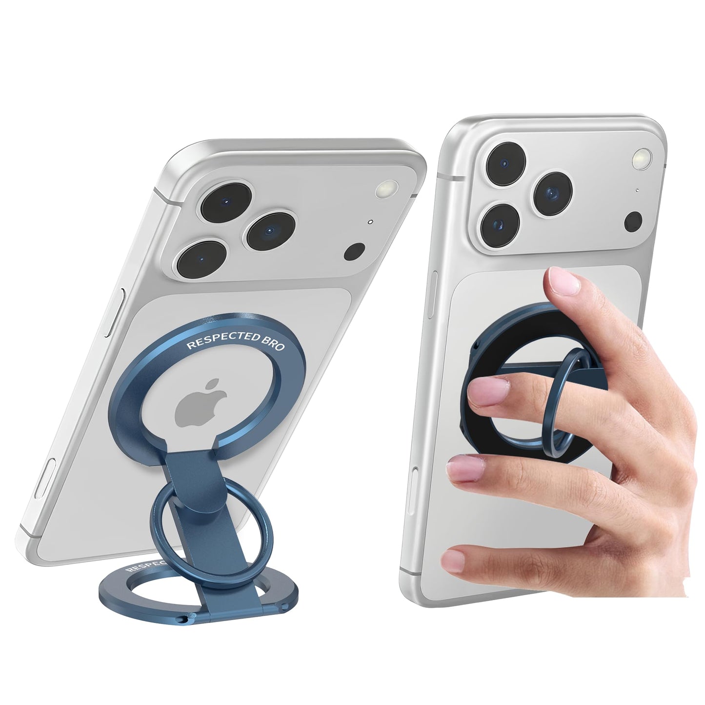 RESPECTED-BRO-Magnetic-Phone-Ring-Holder with Dual Rings, Compatible with iPhone 17/16/15/14/13/12, Multifunctional Stand for Desk,Office,Gym,Kitchen & All Metal Surfaces, Finger Loop Grip (Dark Blue)