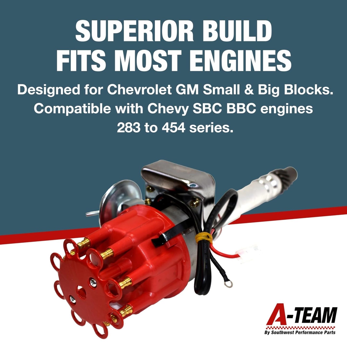 A-Team Performance R2R Complete Distributor - Ready 2 Run Compatible with Chevy SBC BBC 283-454 Series - Automotive Replacement Ignition Parts Two-Wire Installation with Red Cap