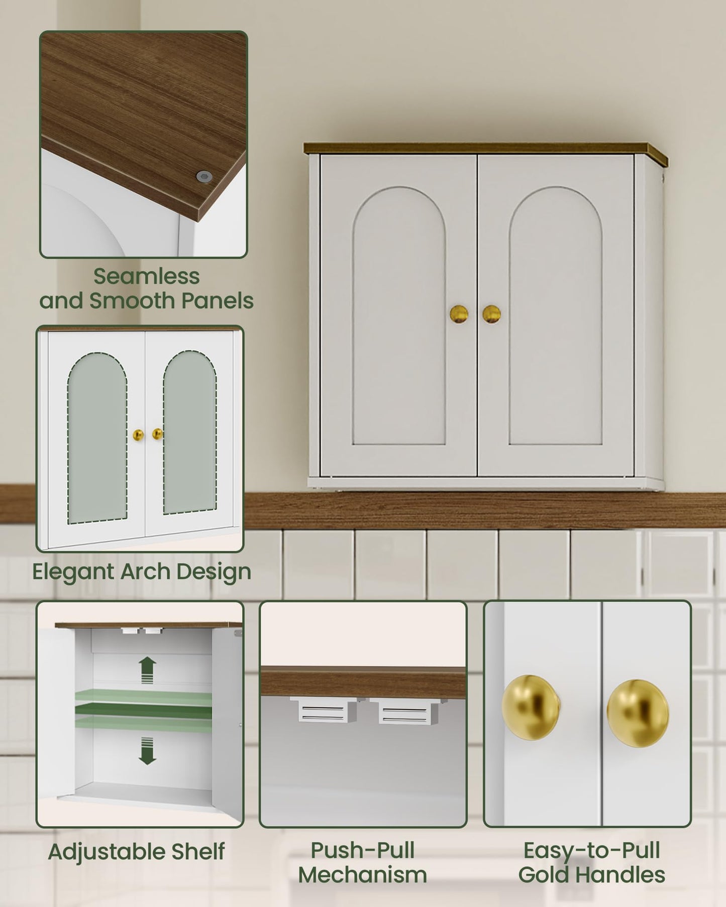 CHOEZON Bathroom Wall Cabinet, Medicine Cabinet with Adjustable Shelf, Modern Wall Cabinet with 2 Doors, Farmhouse Wall Mounted Storage Cabinet, for Bathroom, Living Room, Kitchen, White and Walnut