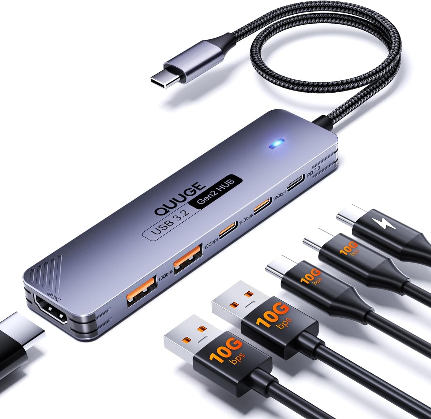 QUUGE 10Gbps, 6-in-1 4K@60Hz 100W 2 3.2 30cm USB C Hub Aluminum Multiport Adapter for Laptops, USB C to HDMI Adapter