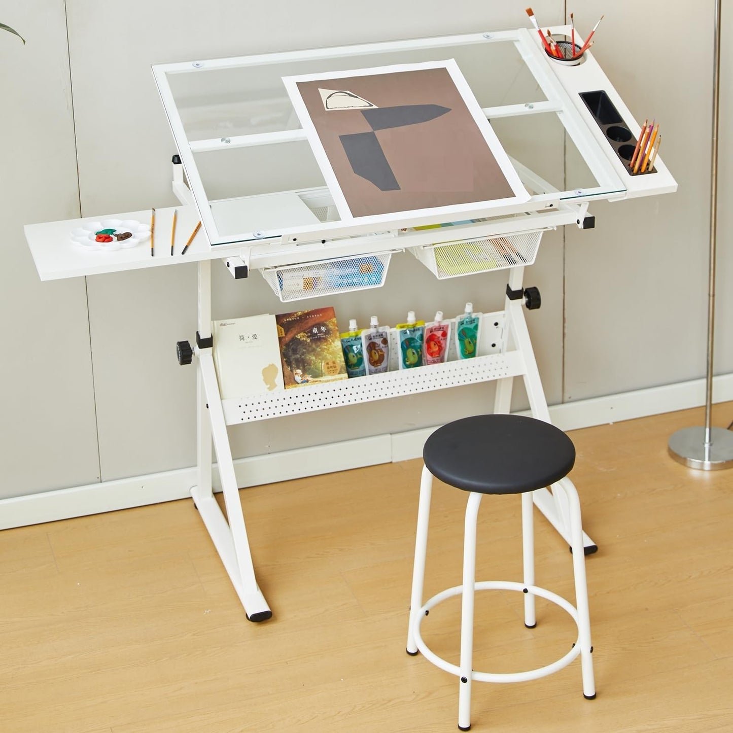 Garvee Drafting Table w/Stool, Height Adjustable Drawing Table, Multifunctional Art Craft Paintings Work Station w/2 Storage Drawers, 0-75° Tilting Glass Tabletop for Home Office, White
