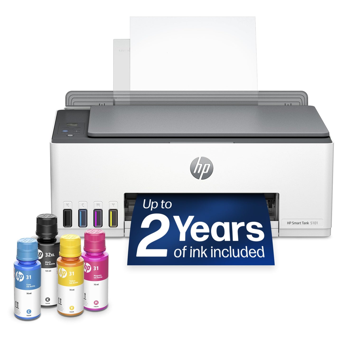 HP Smart Tank 5101 Wireless All-in-One Refillable Printer, Scanner, Copier with 2 years of Ink included, Wireless printer-for-home use. (1F3Y0A)