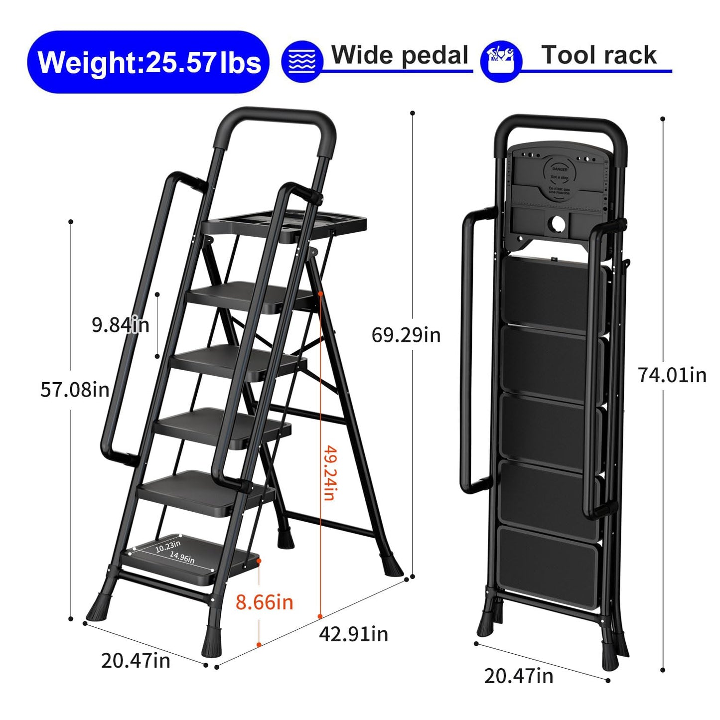5 Step Ladder with Tool Platform, Folding Step Stool with Handrails, Sturdy Steel Ladder with Widen Pedals,Safe-Lock Design,Havy-Duty Portable Safety Ladder for Home Decor Painting Outdoor Garage