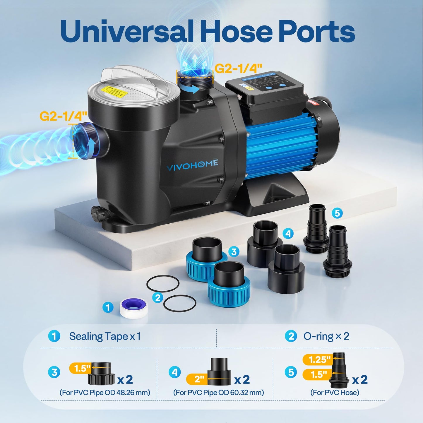 VIVOHOME Self Primming in/Above Ground Swimming Pool Pump w 1.25'' & 1.5" & 2.0'' Unions Energy Saving w/Strainer Baske, 6360 GPH
