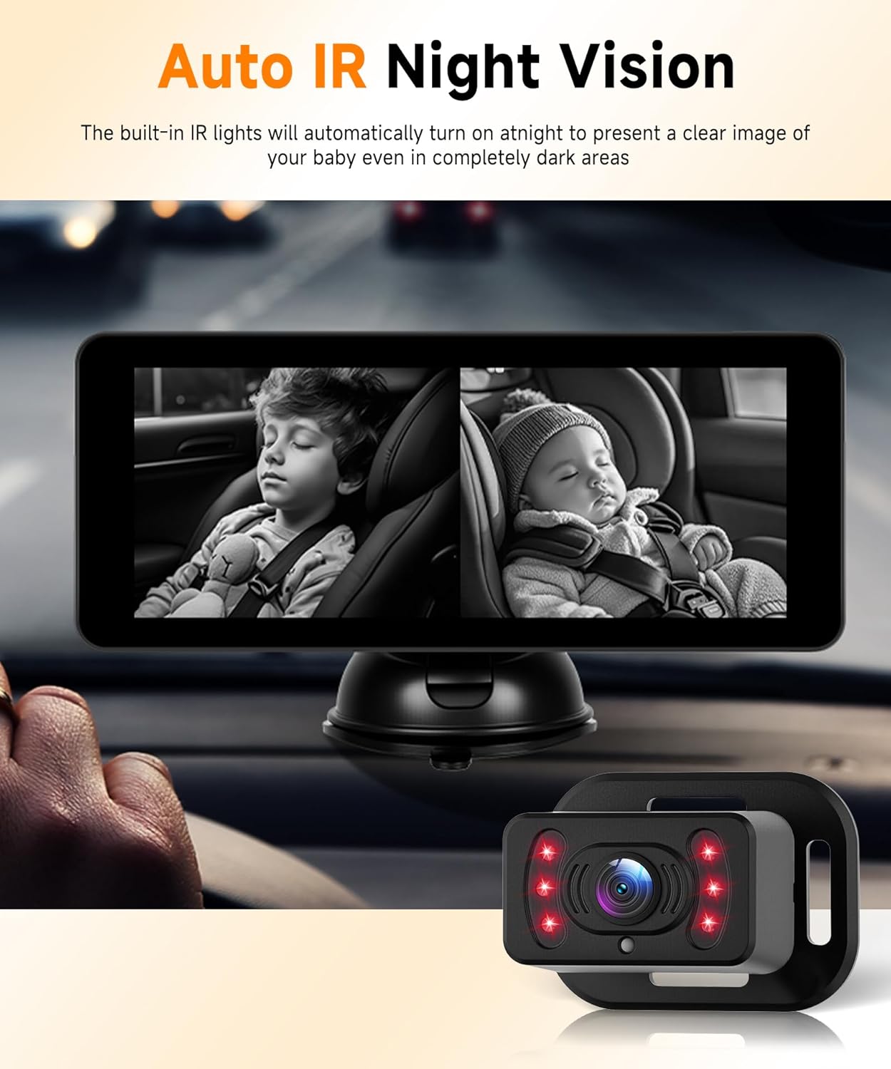 MAHVEC 2 6.86 Inch 2 Dual Baby Car Monitor for Kids - IPS Split Display with IR Night Vision Camera, Dual Channel Car
