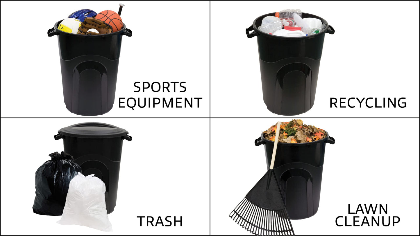 United Solutions 32 Gallon Outdoor Garbage Can, Black, Easy to Carry Garbage Can with Sturdy Construction, Pass-Through Handles & Attachable Click Lock Lid, Indoor or Outdoor Use, (Pack of 2)