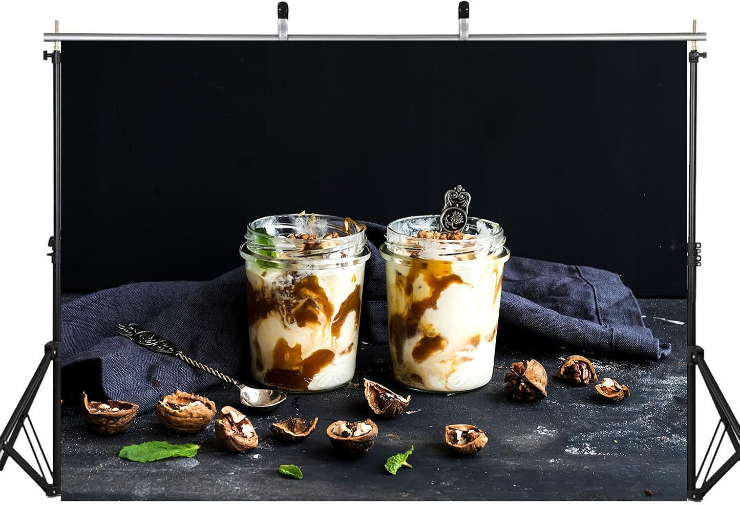 LidyMini 10x10ft Fabric Yogurt Parfaits with Caramel and Walnuts Backdrop Dark Moody Surface Mint Leaves Photography