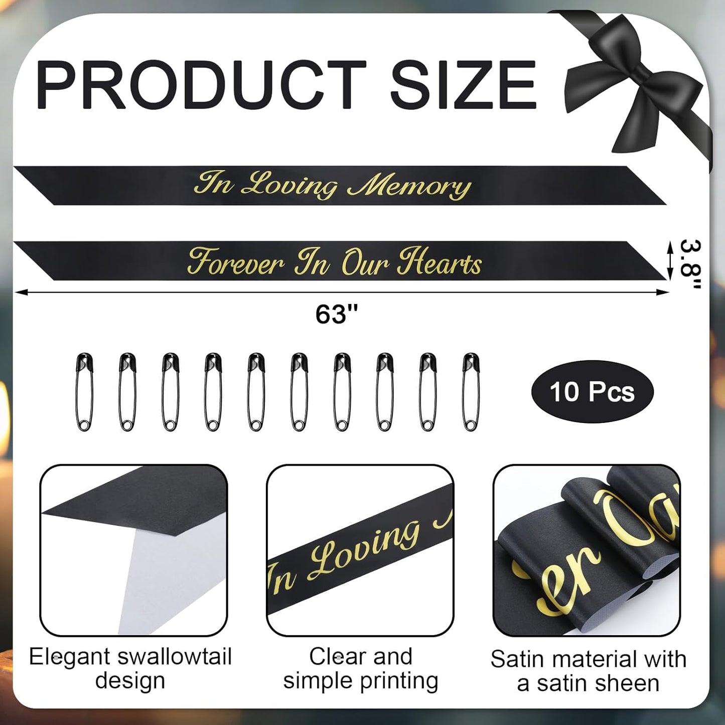 Norme Memorial Funeral Sash - 2 Pcs Satin Ribbon in Loving Memory | 63x3.8'' Black for Casket Wreaths