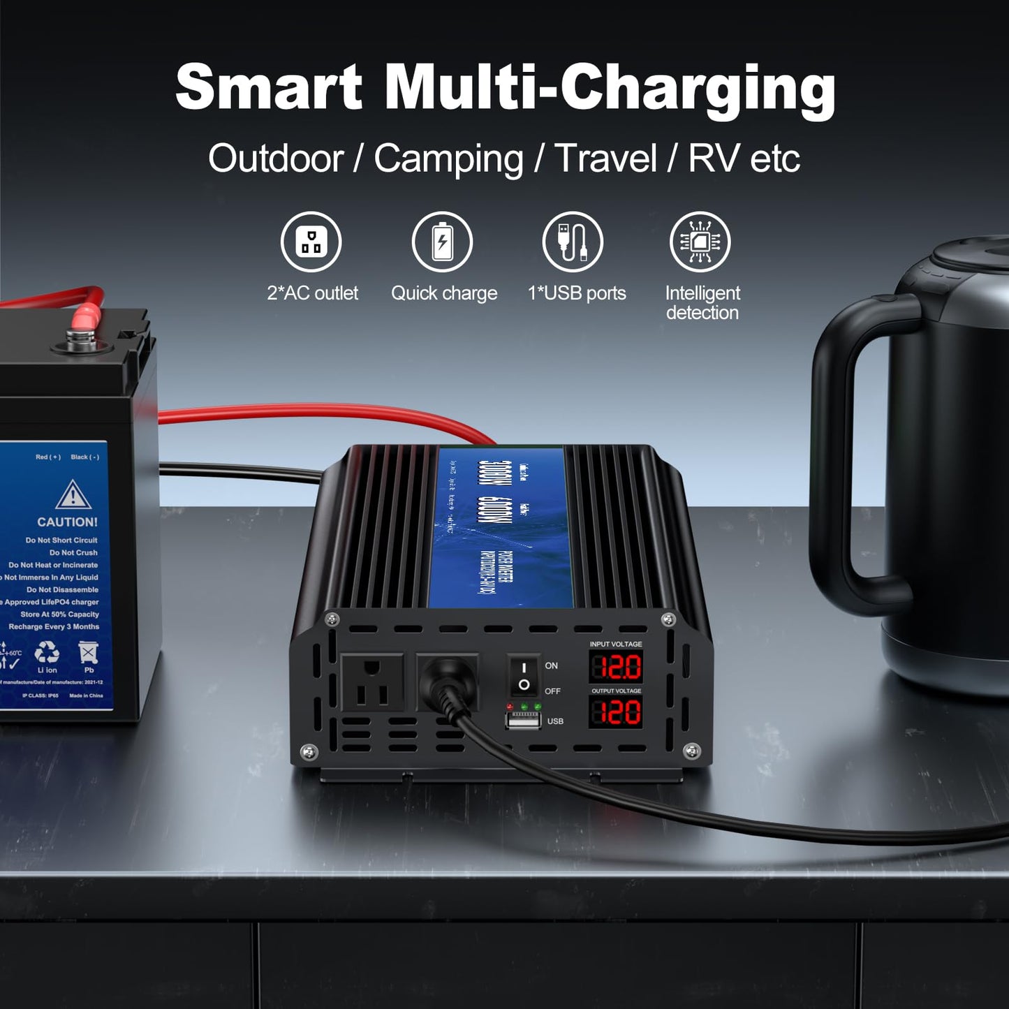 3000W Power Inverter 12V DC to 110V/120V AC Converter, 6000W Peak, LCD Display & Remote Control, Dual AC Outlets & USB Port for RV Truck Solar System, Emergency Backup, Outdoor Camping