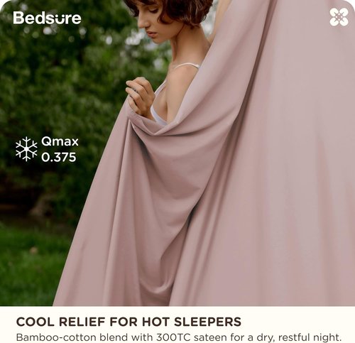 Bedsure Bamboo Viscose Cooling Sheets - Breathable & Buttery Soft Queen Size Bed Set | Deep Pocket Up to 18" - Rose Pink