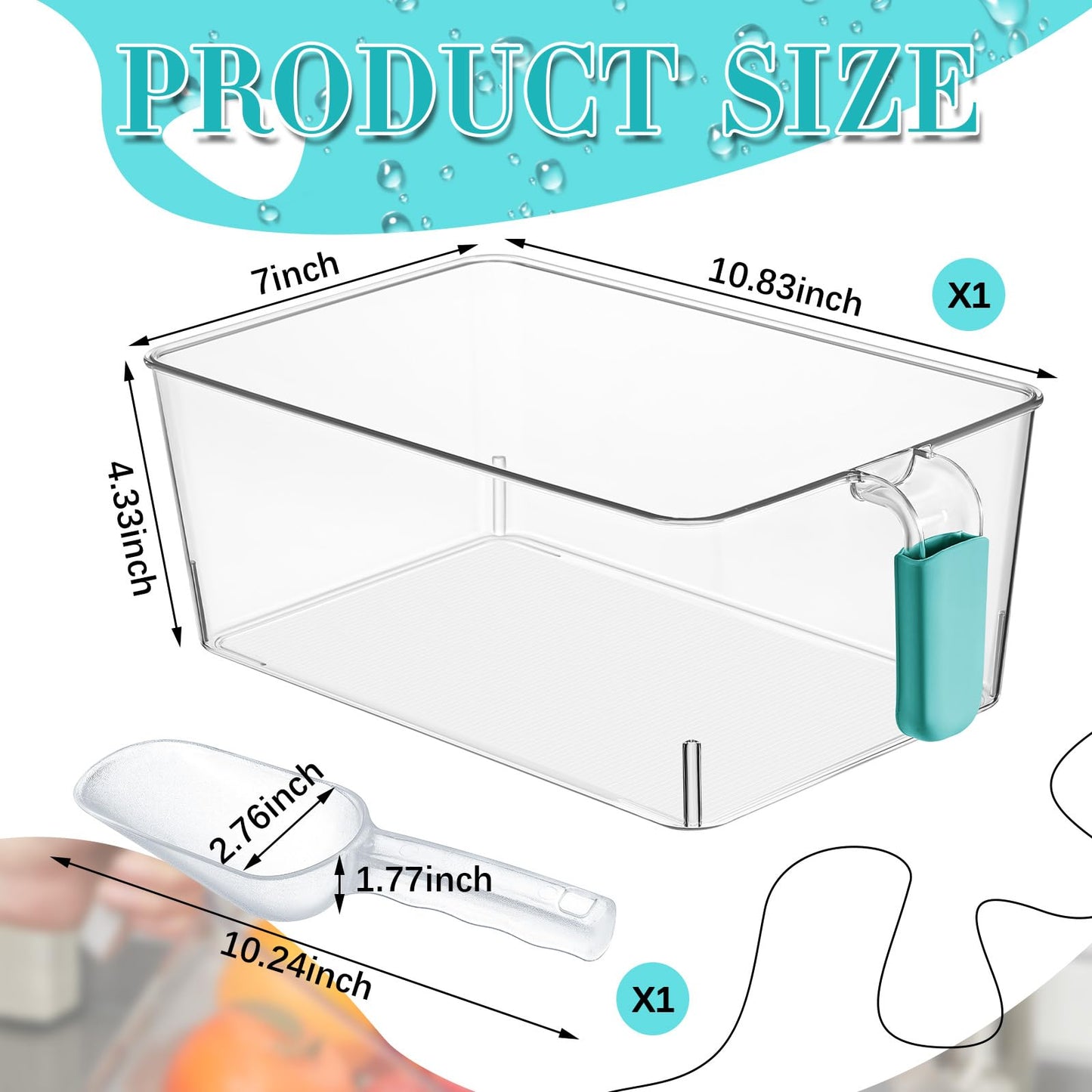 Havawish 1 Set Ice Bin and Flexible Scoop Set Plastic Freezer Ice Bin with Pull out Handle Storage Bucket Clear for Container with Bucket Scoop (10.83 x 7 x 4.33 in,Blue)