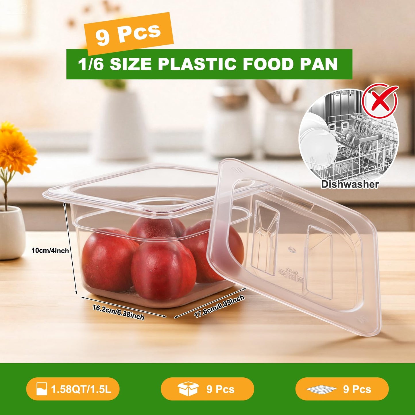 West Bay 9-Pack 1/6 Size 4''Deep NSF Polycarbonate Food Pans with Lids, Clear Commercial Hotel Pans, Food Storage Containers for Restaurant, Food Prep, Buffet, Salad Bar, Home Kitchen & Catering
