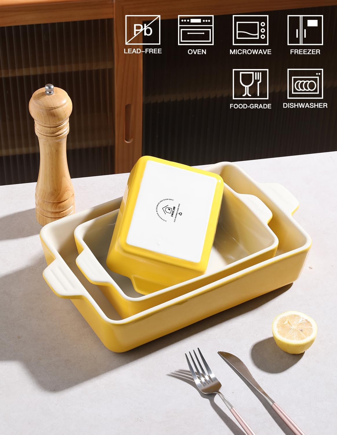 Sweejar Ceramic Bakeware Set - Rectangular Baking Dish for Lasagna & Cakes | 11.8 x 7.8 x 2.76 Inches - Yellow