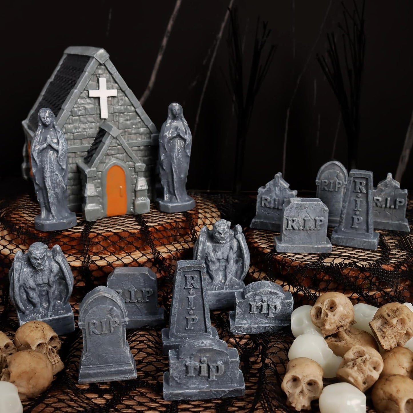Rileryan Miniature Church Tombstones - 15 PCS Gargoyle & Virgin Figurines for Halloween Decor