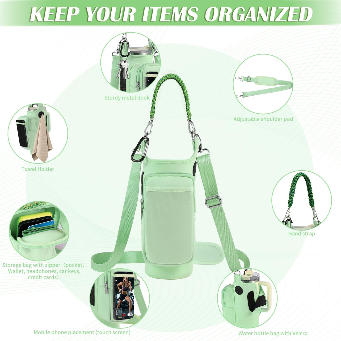 Magnetic Gym Bag for Men Women, Water Bottle Carrier Holder with Strap for Stanley, Small Bag Accessories pouch with N52 (Green)