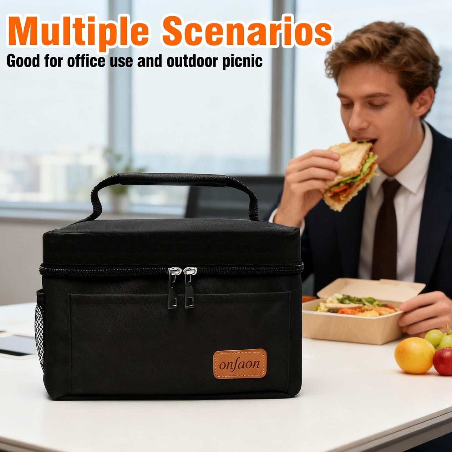 ONFAON Insulated Lunch Bag - Reusable Leakproof Cooler Tote with Adjustable Strap | Black