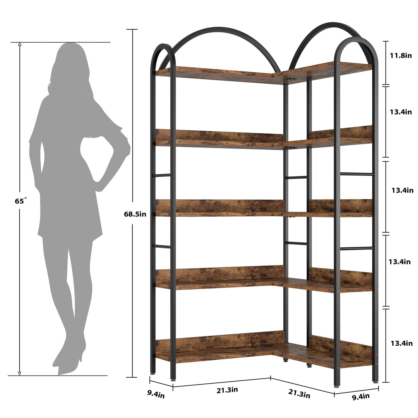 GAOMON 5-Tier Corner Bookshelf with Arched Metal Frame, Industrial L-Shaped Bookcase with Wood and Metal Open Storage Bookcase for Living Room/Bedroom/Kitchen/Home Office, Retro Brown