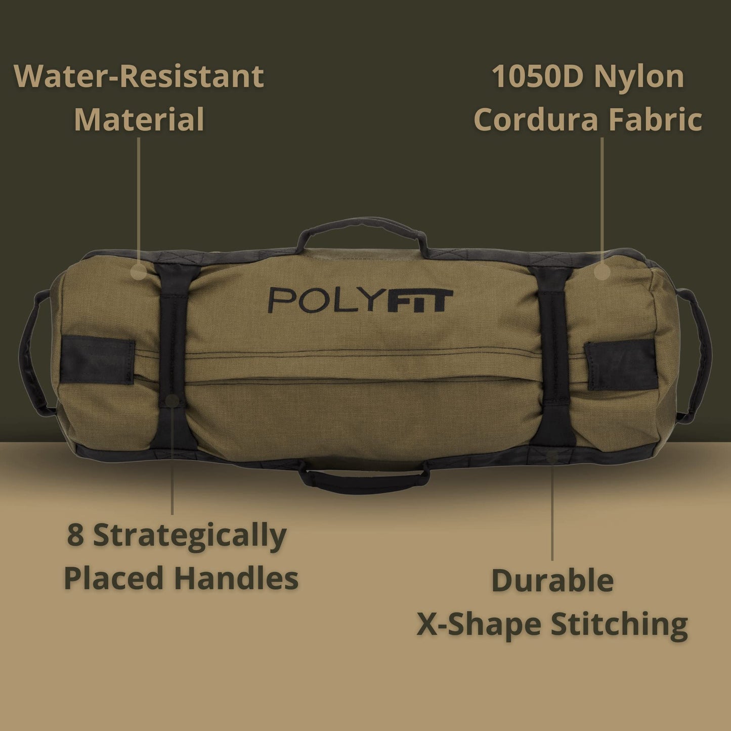 Polyfit Workout Sandbag for Fitness - Heavy Duty Sandbag Workout Bags with 8 Gripping Handles for Sand Bag Weight Training (30lbs to 75lbs) - Green