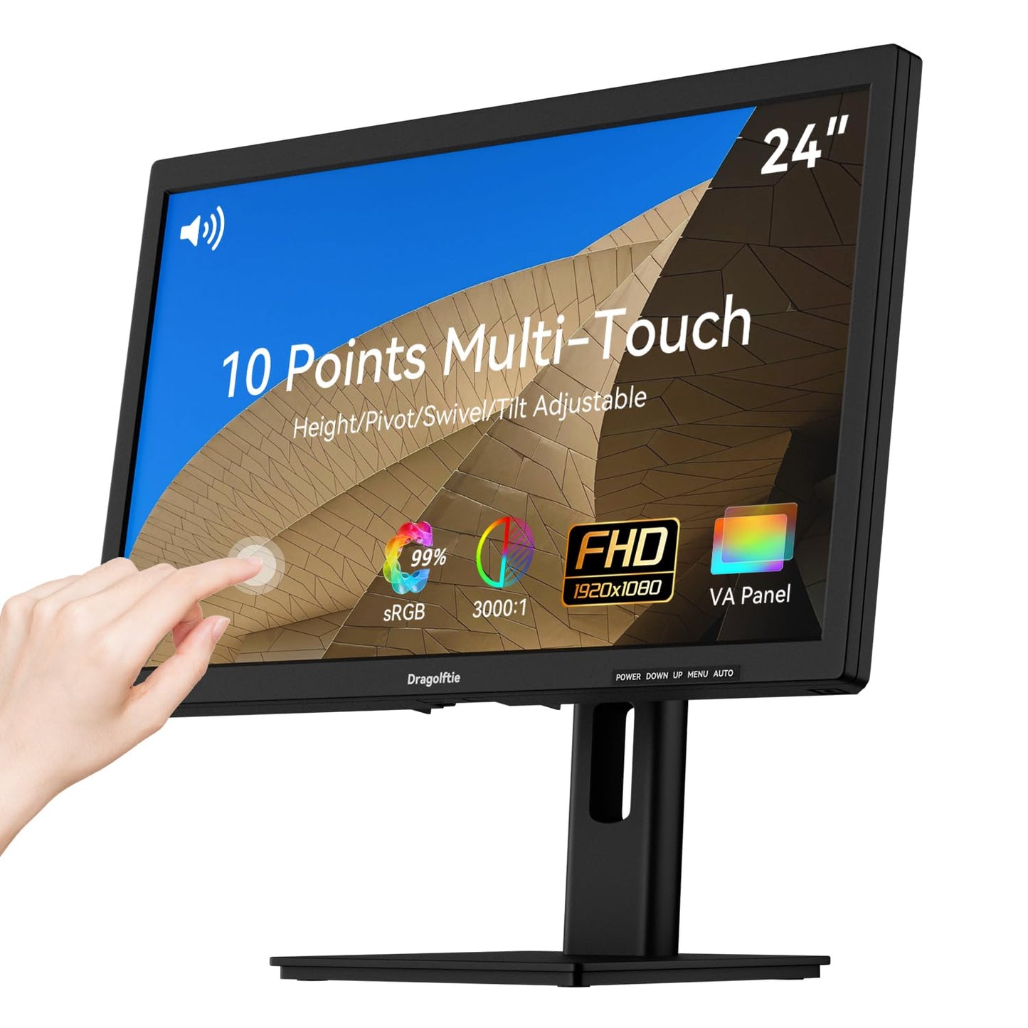 24 Inch Touchscreen Monitor VA Panel FHD 1920x1080P, 3000:1 Contrast, 99% sRGB, Height/Pivot/Swivel/Tilt Adjustable PC Touch Screen Computer Display 75Hz, HDMI, VGA, Type-B, Built-in Speakers, VESA