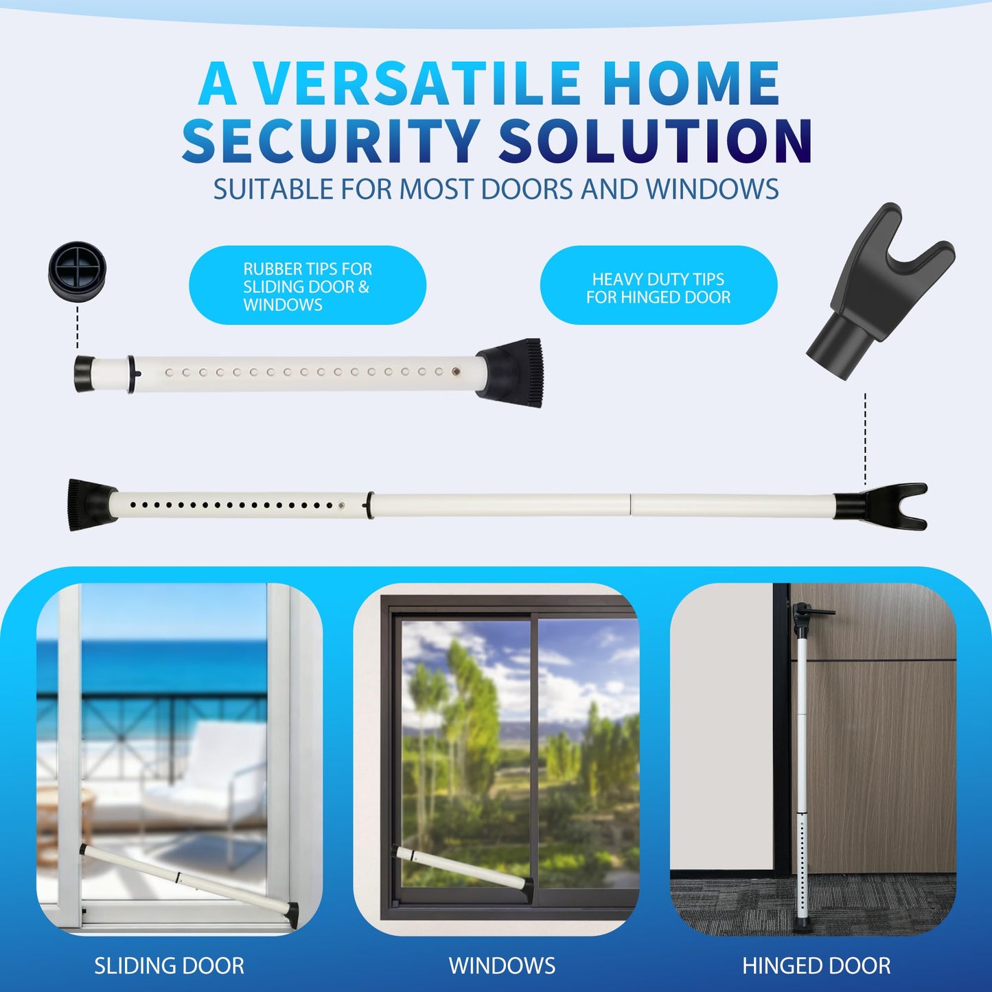 Upgraded Door Security Bar & Sliding Door Lock Bar,Door Stoppers,Adjustable Heavy Duty Door Jammer for Apartment,Home(2 Packs,White)
