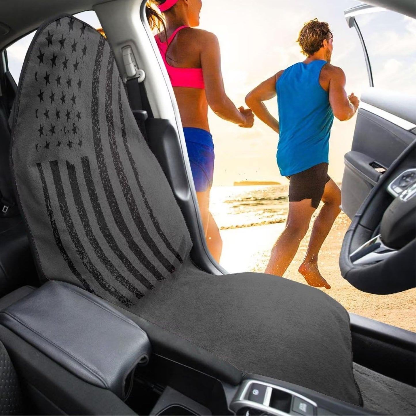 Lotusorchid American Flag Waterproof Sweating Car Seat Cover for Post Gym Workout, Breathable Sweating Car Seat Cover for Women Men, Comfy Bucket Auto Seats Protector Universal Fit Sedan SUV Truck