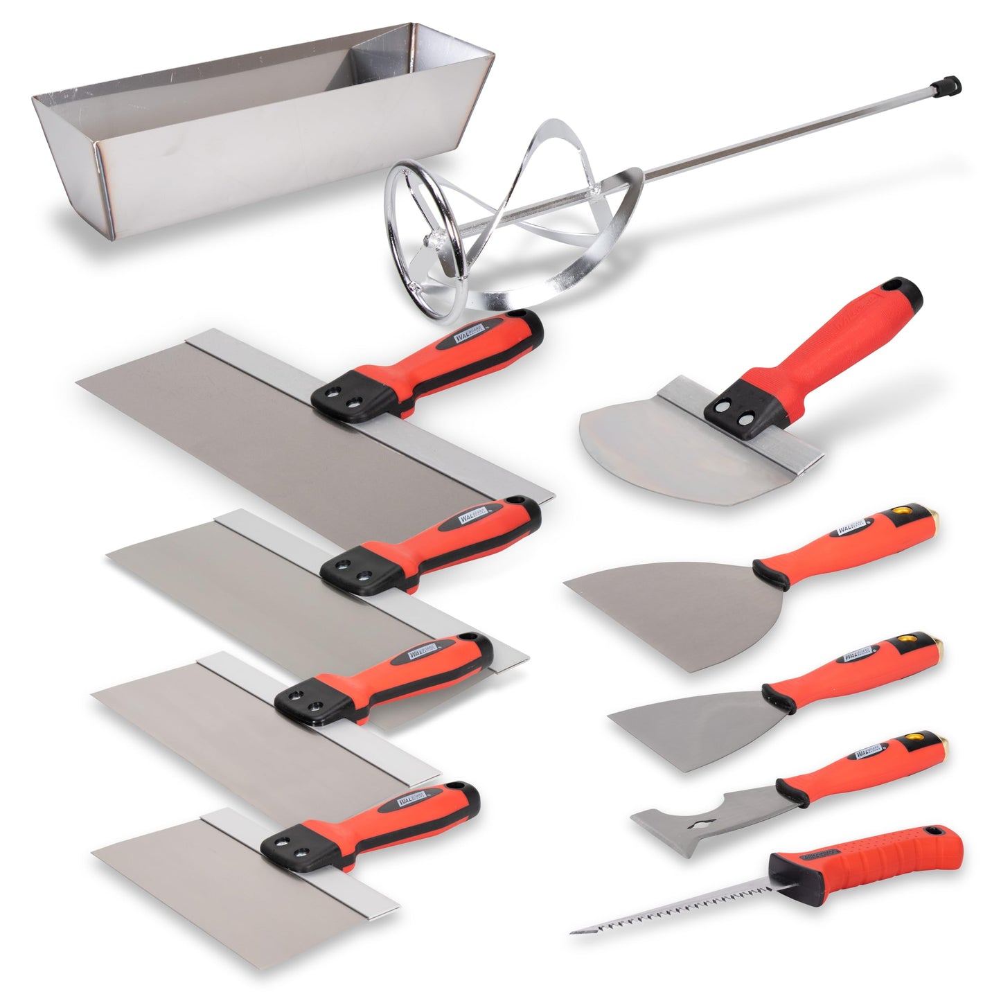 WAL-BOARD TOOLS Deluxe Drywall Finishing Tool Kit, Mud Pan, MultiTool, Taping Knife, Bucket Scoop, Saw, Mud Mixer, DTKFNSH2