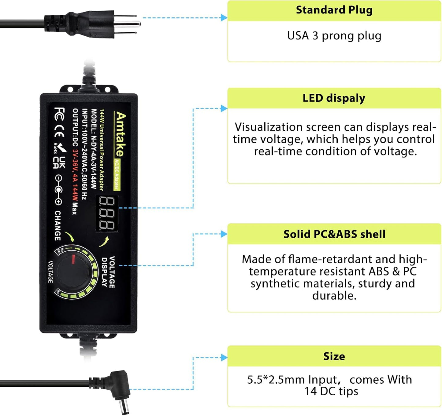 Amtake 4A 144W 3V~36V 3V 5V 12V 24V 30V 36V 14 Adjustable Universal Power Supply Adapter Adjustable Variable Switching