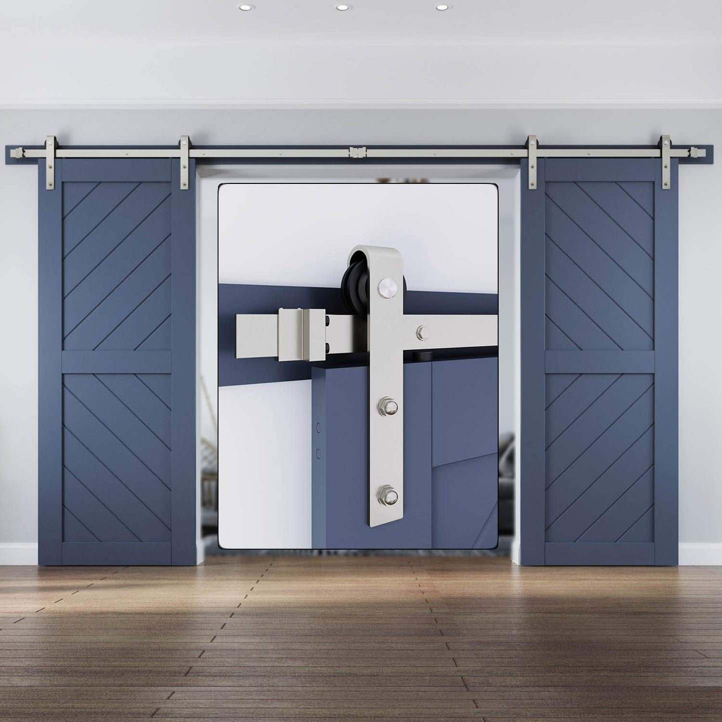 EaseLife 12 FT Brushed Nickel Double Sliding Barn Door Hardware Track Kit,Basic J Pulley,Heavy Duty,Slide Smoothly Quietly,Easy Install (12FT Track Kit for Double 36" Wide Door)