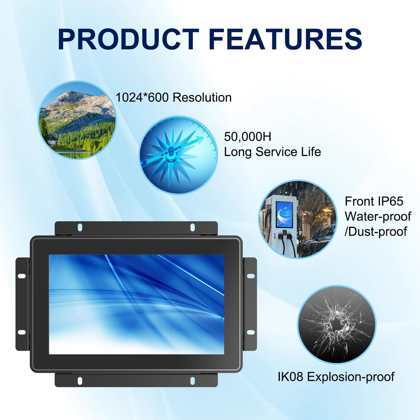 Bosunre 7 Inch Open Frame Touch Screen Monitor, 10-Point Capacitive Touch Display, 1024x600 Resolution, IP65 Industrial Monitor, Black Metal Housing, Open Bracket Mount for HMI Control Panels
