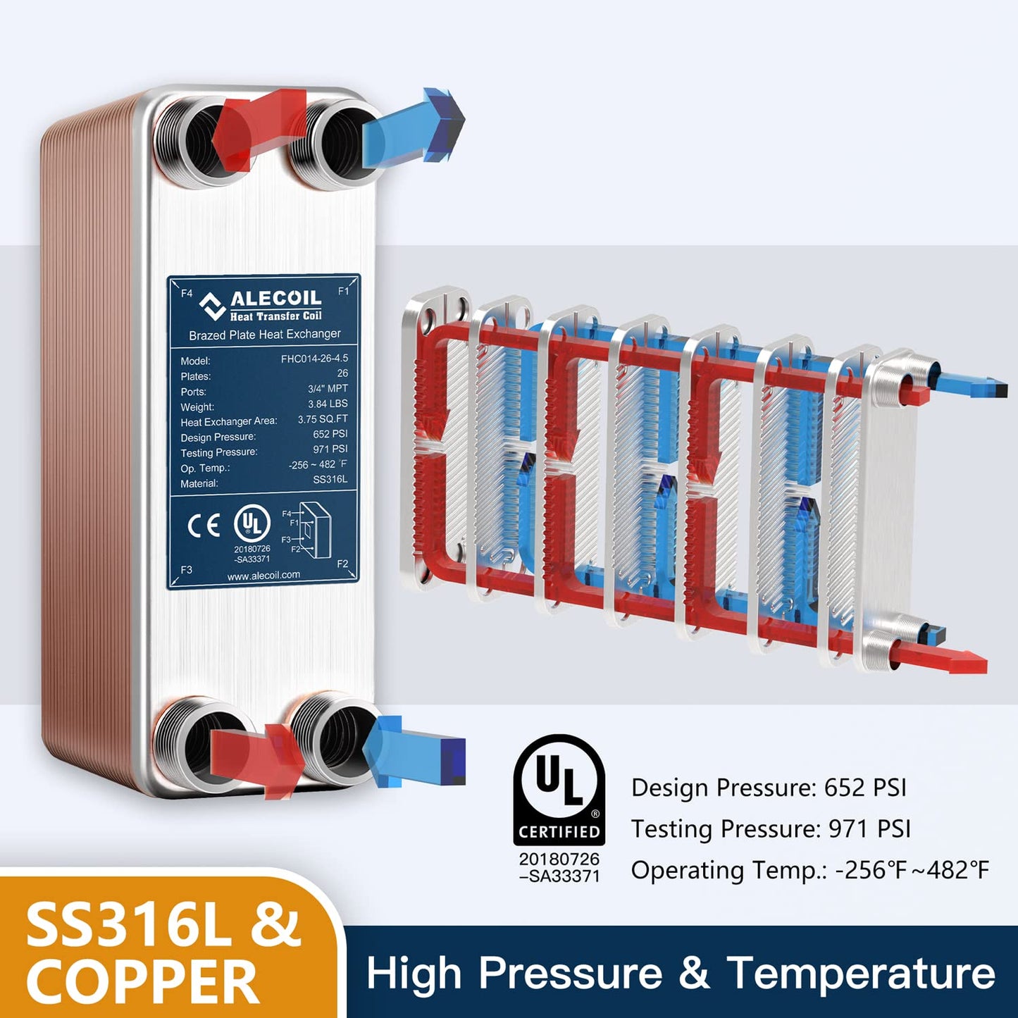 ALECOIL 3"x8" 26 Plates Heat Exchanger with 3/4" MPT Port Water to Water 316L Stainless Steel Brazed Plate Heat Exchanger for Water Heating, Floor Heating, Commercial and Industrial Refrigeration