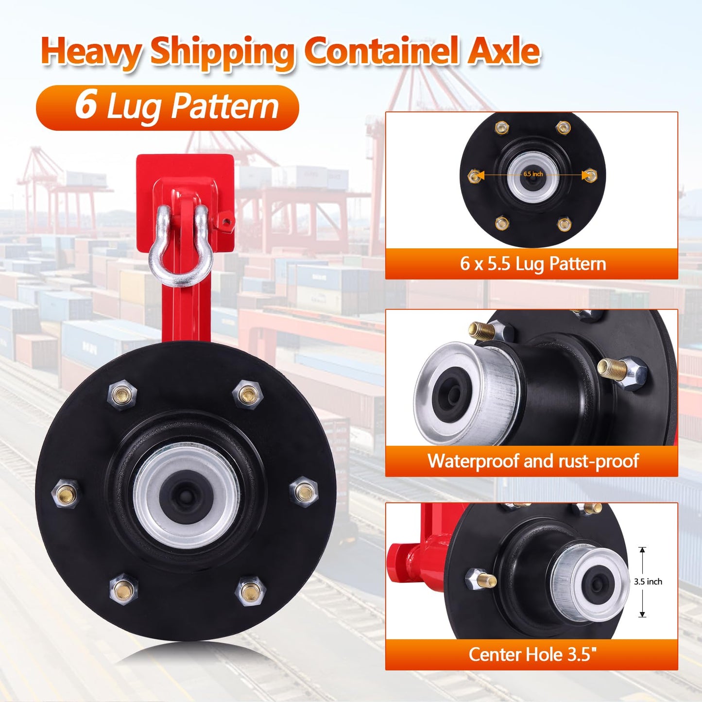 Red 6 Holes Shipping Container Wheels Kit with Heavy Duty Axle & Ratchet Strap - Fast, Safe 20ft-40ft Container Transport