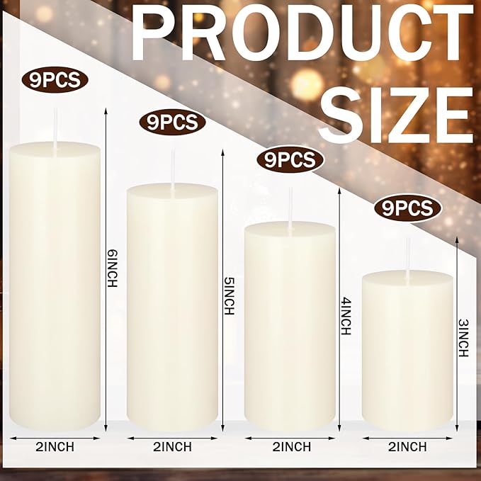 MTLEE 36 Pcs Pillar Candles Bulk Unscented Candle Set 38 Hour Long Burning Dripless for Dinner Emergency Wedding Spa Party(4 Sizes,Beige)