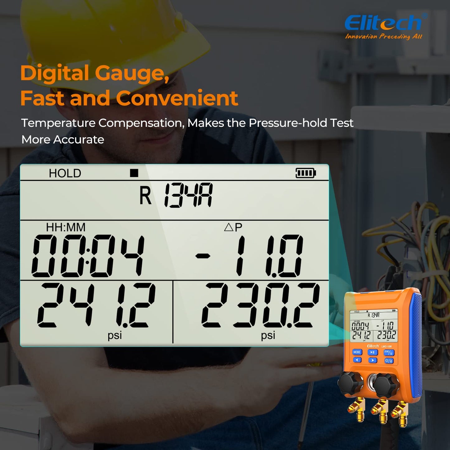 Elitech Wireless Digital Manifold Gauge Set Data Logging Refrigerant HVAC Gauges with Hoses, Temperature Clamps, LMG-10W