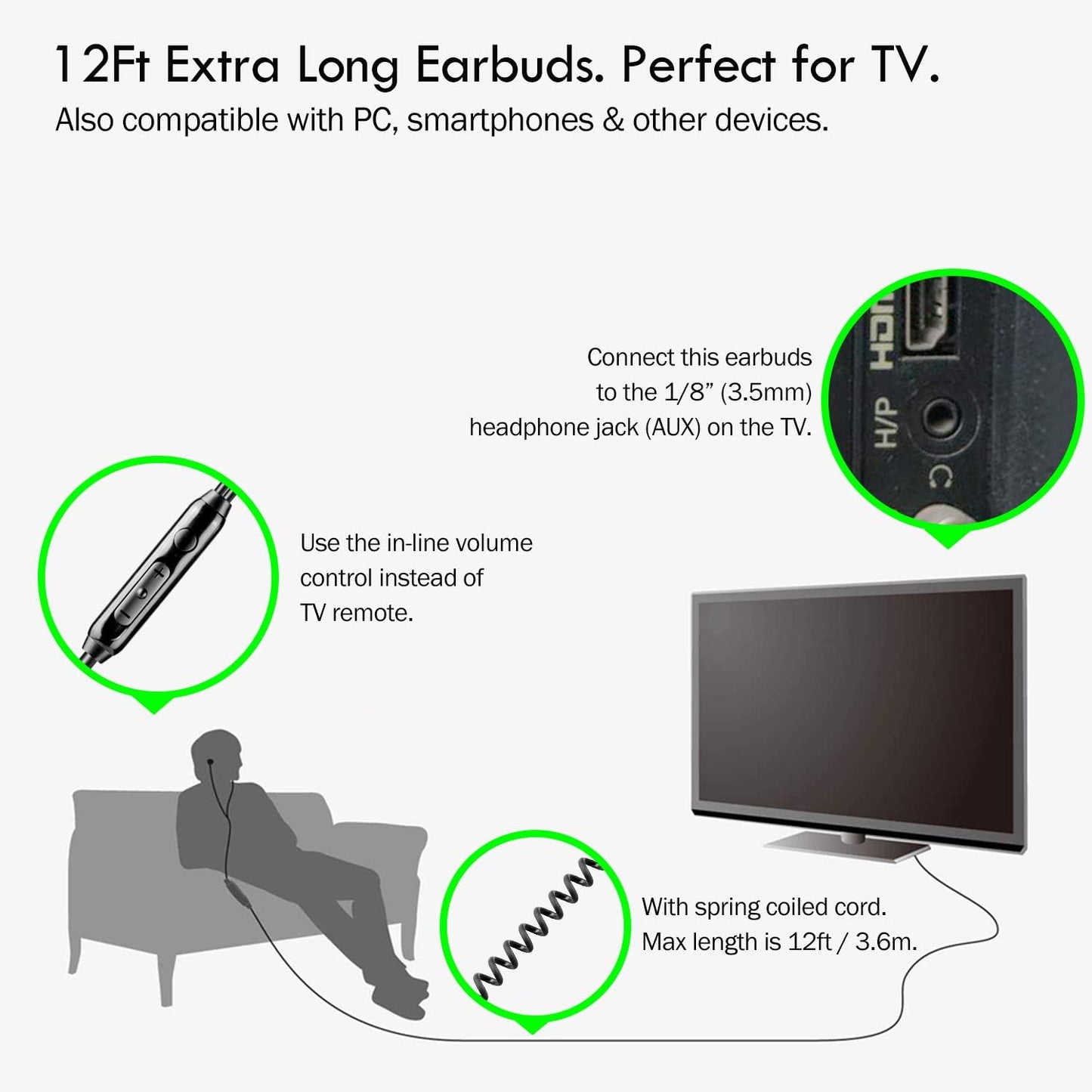 12FT 3.5mm CGS06 Extra Long Earbuds for TV & PC, with Spring Coiled Extension Cable, Volume Control & Mic, in-Ear Wired