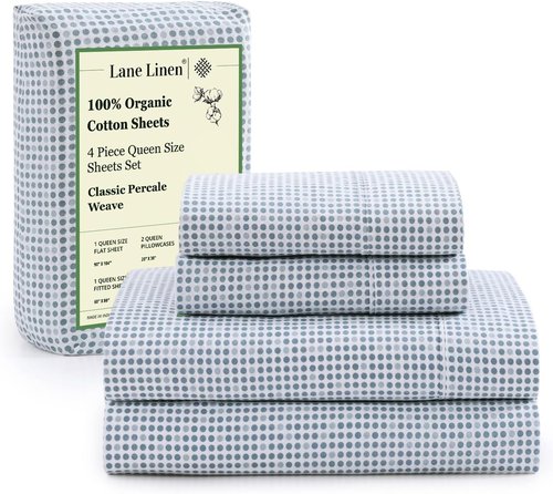 **LANE LINEN Eco-Friendly 100% Organic Cotton Queen Bed Sheets Set - Soft Polka Dot Design with 15" Deep Pockets**