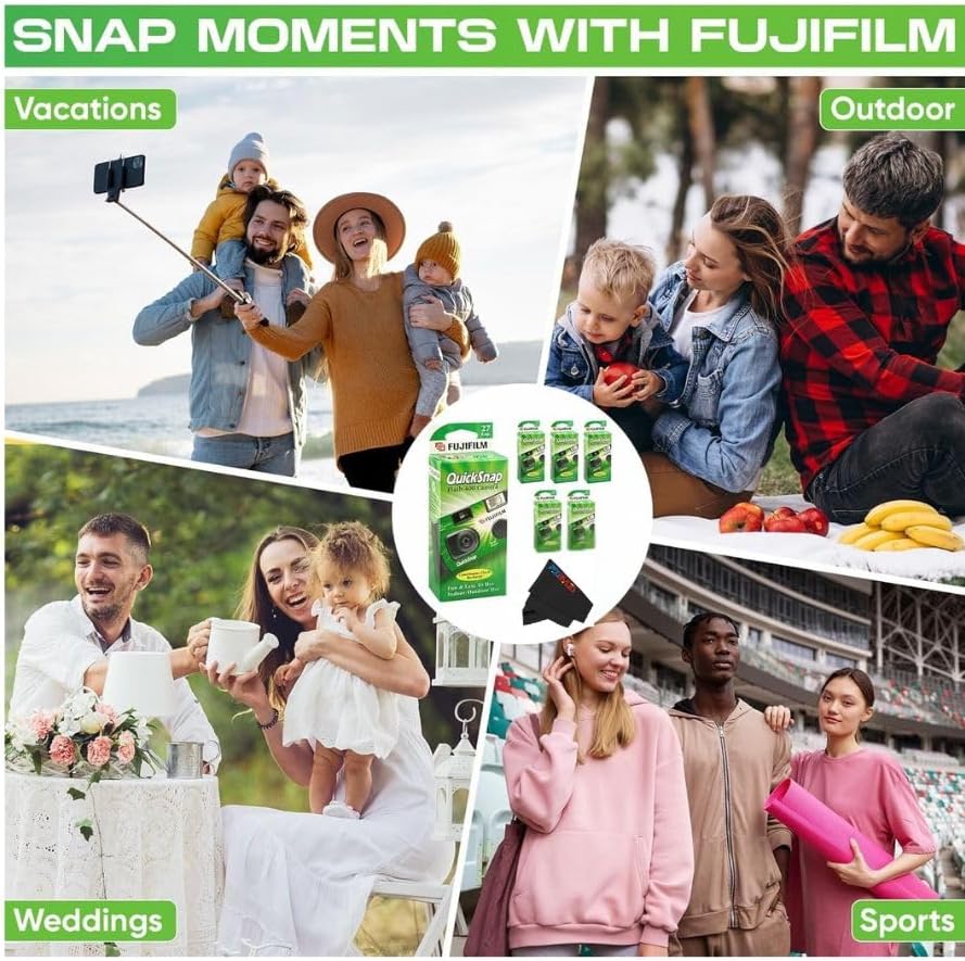 Fujifilm 400 (1 Pack QuickSnap Flash One-Time-Use Camera with Cap Keeper and Pixibytes Microfiber Cleaning Cloth...