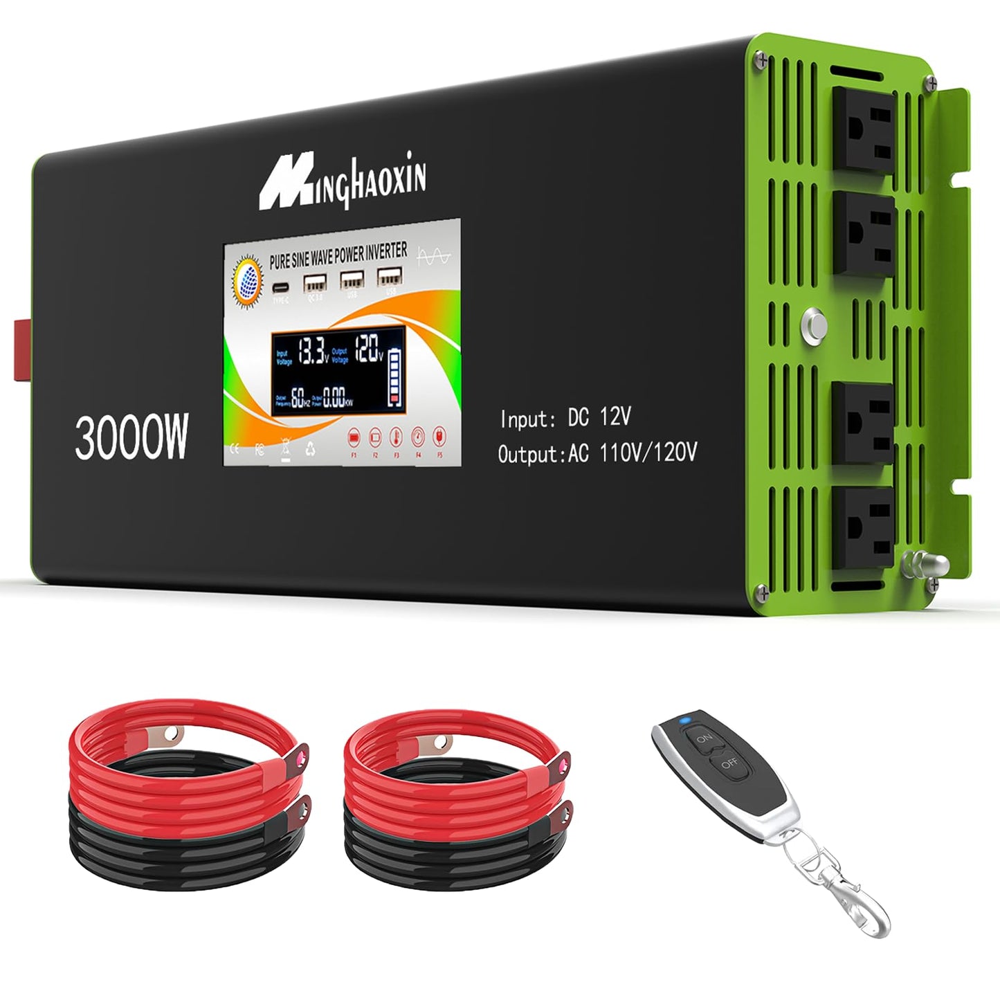 3000W Pure Sine Wave Power Inverter 12V to 110V/120V for RV,Truck, Solar, Home, Off-Grid, Car with 4 AC Outlets,LCD Display,Remote Control, 30W USB-C, 5V 2.1A USB, Surge 6000W