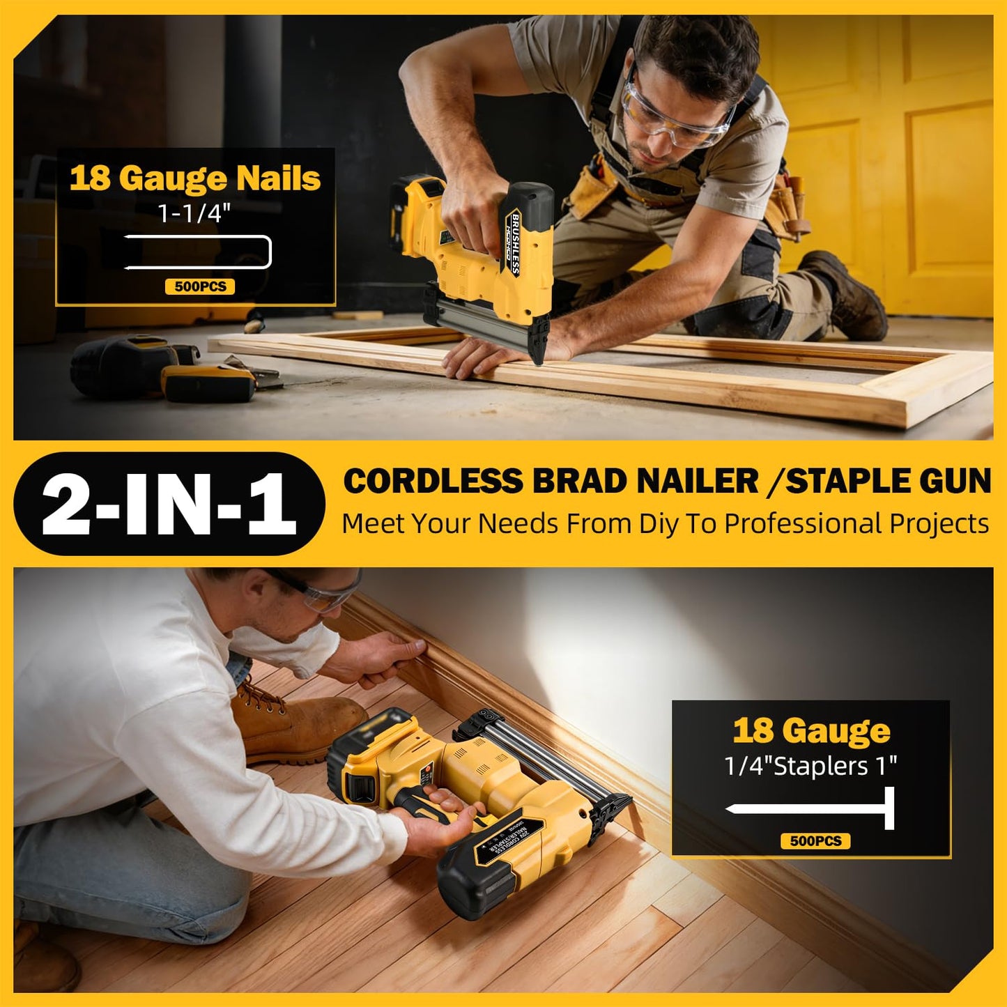 2-in-1 Cordless Brad Nailer & 1/4 Narrow Crown Stapler for DeWalt 20V Battery, 18GA Electric Nail Gun with 1000 Nails/Staples for Woodworking, DIY, and Home Renovation (Not Battery)