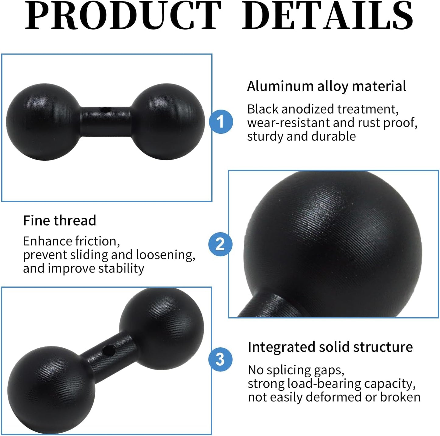 Vvluvva 1" 1-Inch Double Ball Mount Arm Adapter, Heavy-Duty Black Aluminum Alloy Ball Extension Connector