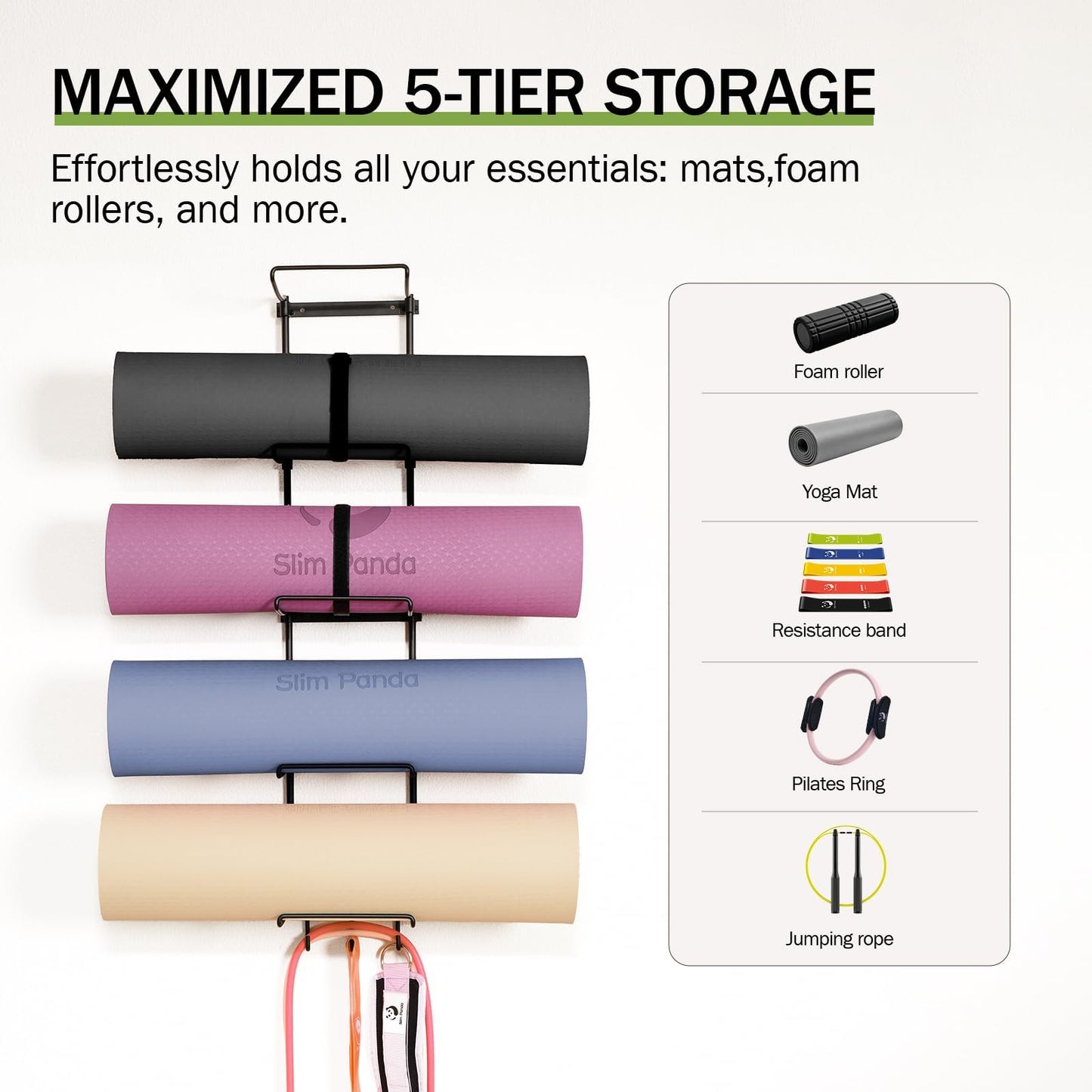 Slim Panda Yoga Mat Holder Wall Mount With Mesh Bag,Yoga Accessories Storage Rack,Home Gym Organizer with 5-Tier & 3 Hooks for Hanging Yoga Mats, Foam Roller, Resistance Bands & Yoga Accessories
