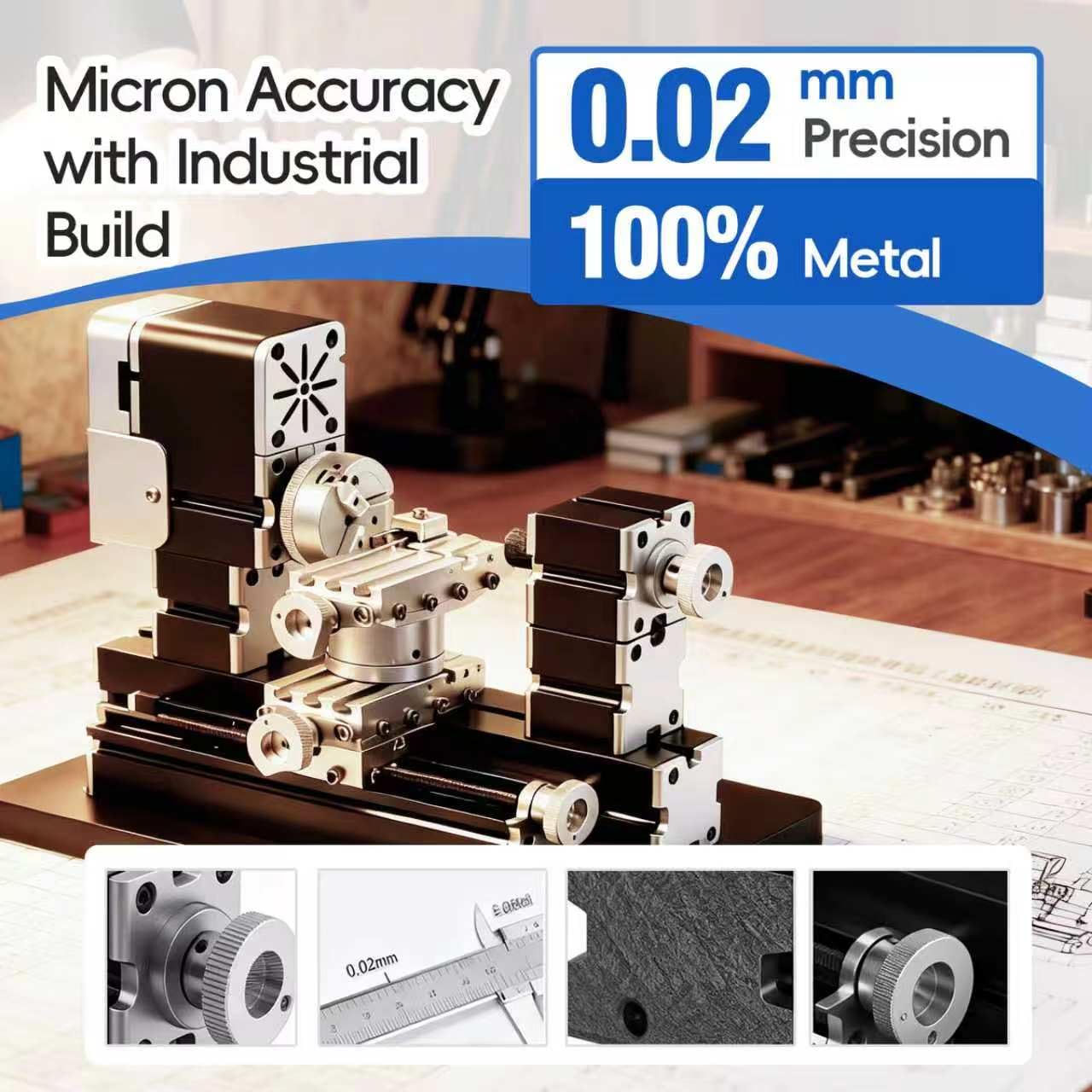 ZHRUI Mini Metal Lathe 60W 12,000 RPM, 4-Axis All-Machine Tool for Soft Metal Wood Acrylic Plastic, Precision Micro Lathe with Safety Guard Quick Indexer 0.02mm Scale (Gold Silver Aluminum Copper)