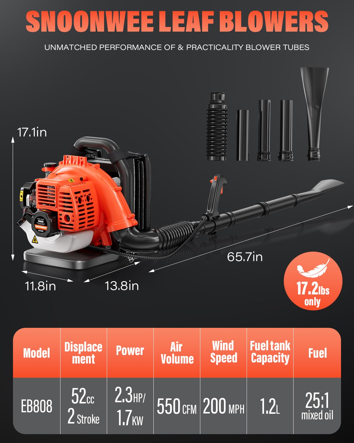 Relxxon Gas Powered Backpack Leaf Blower - 52cc 2-Stroke Engine, 200 MPH 550 CFM Heavy Duty Lawn Care Tool for Debris & Snow - 17.2lb Ultralight Design - 40oz Fuel Tank (Orange)