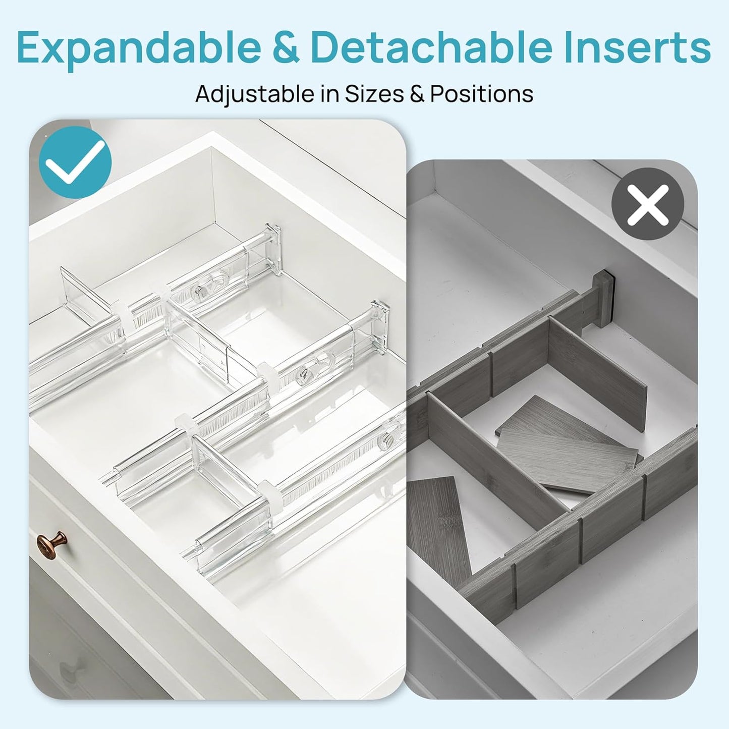 Vtopmart Drawer Dividers - Expandable Kitchen Organizer with 8 Dividers & 14 Inserts | Adjustable 12.8"-22.3" Clear Plastic Separator for Flatware & Utensils