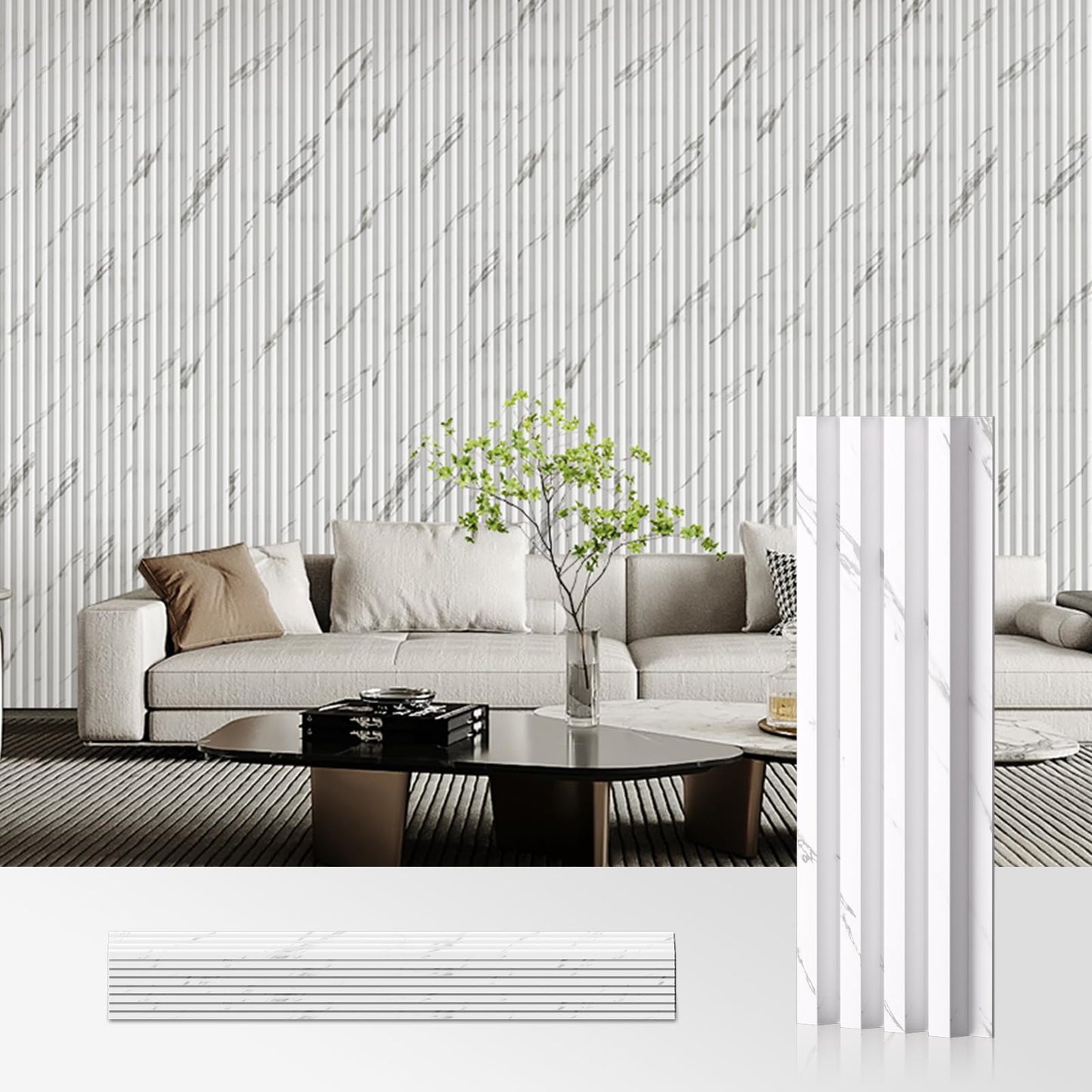 OUZUGIE WPC Acoustic Slat Wall Paneling, 8-Pack 96 x 6 Inches 3D Wall Panels for Interior Wall Decor,Living Room,TV Background,Study Room,Office Spaces,Bedroom,High Grille (White)